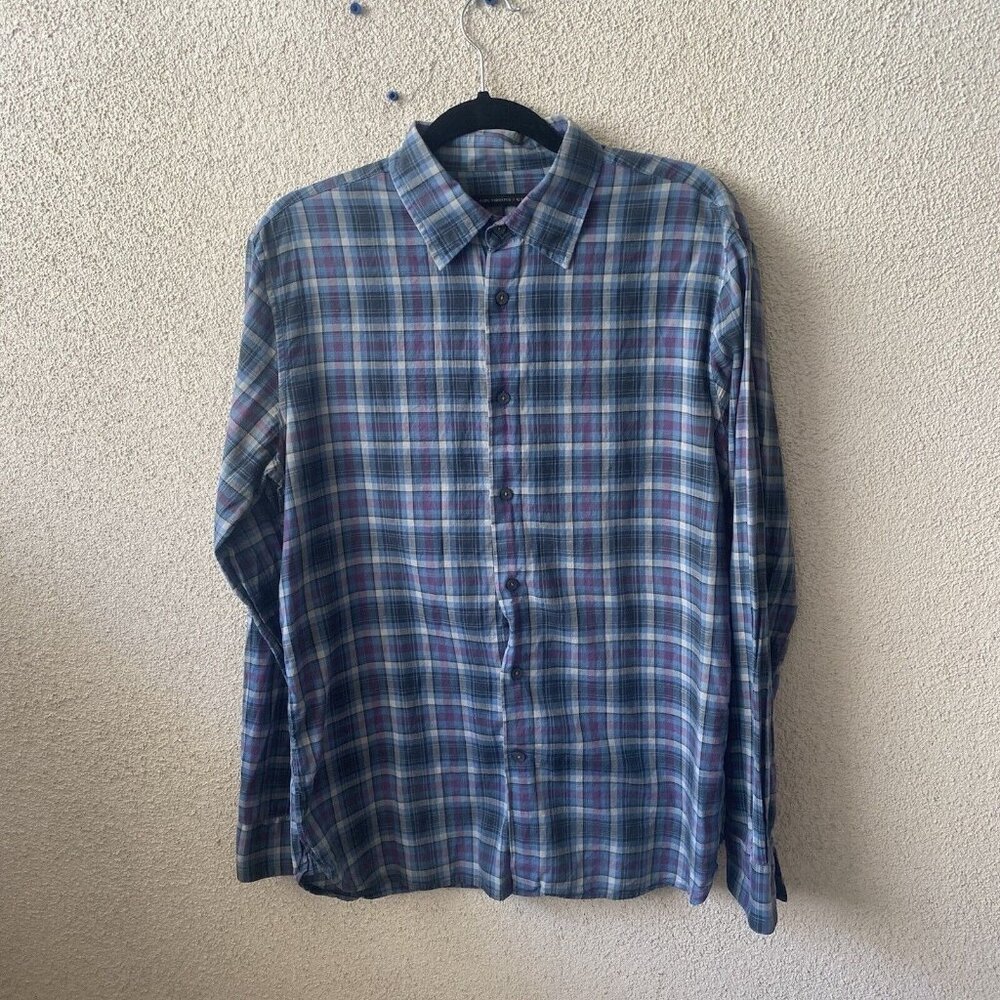 John Varvatos Star USA Mens Top Blue Sport Shirt Check Plaid Button Size Medium